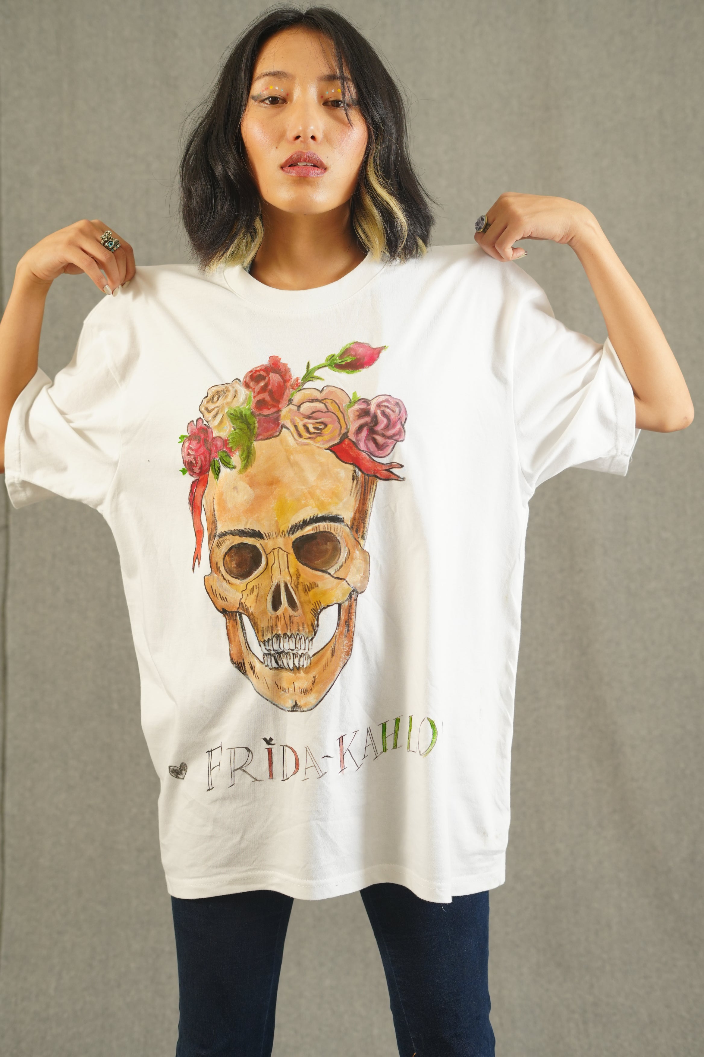 Hand Painted Skull white tee