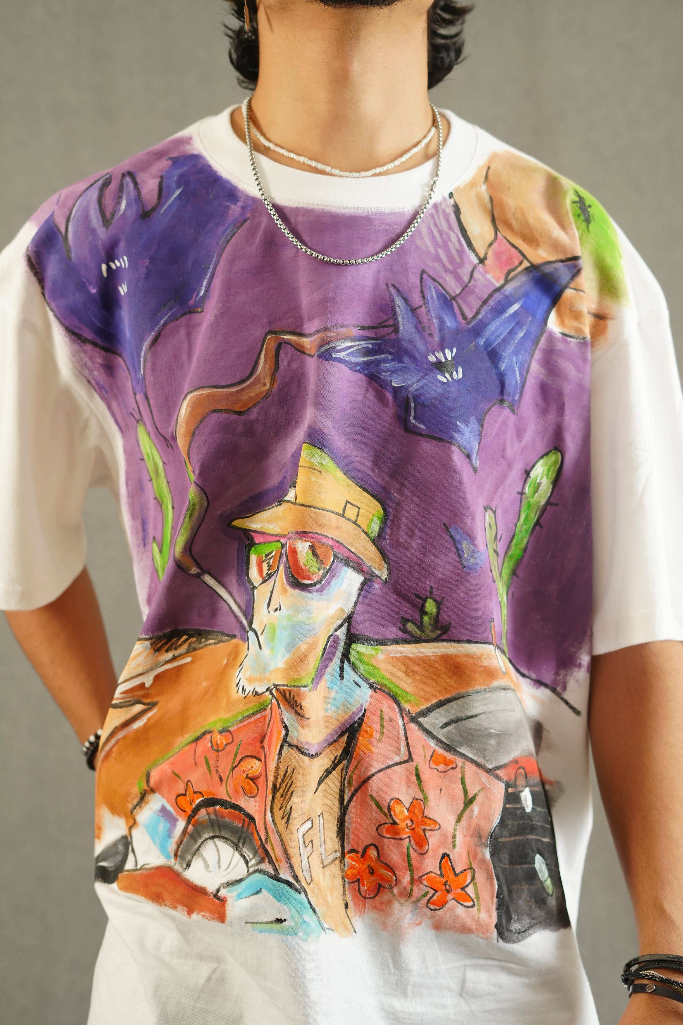 Hand Painted Guy smoking abstract white tee