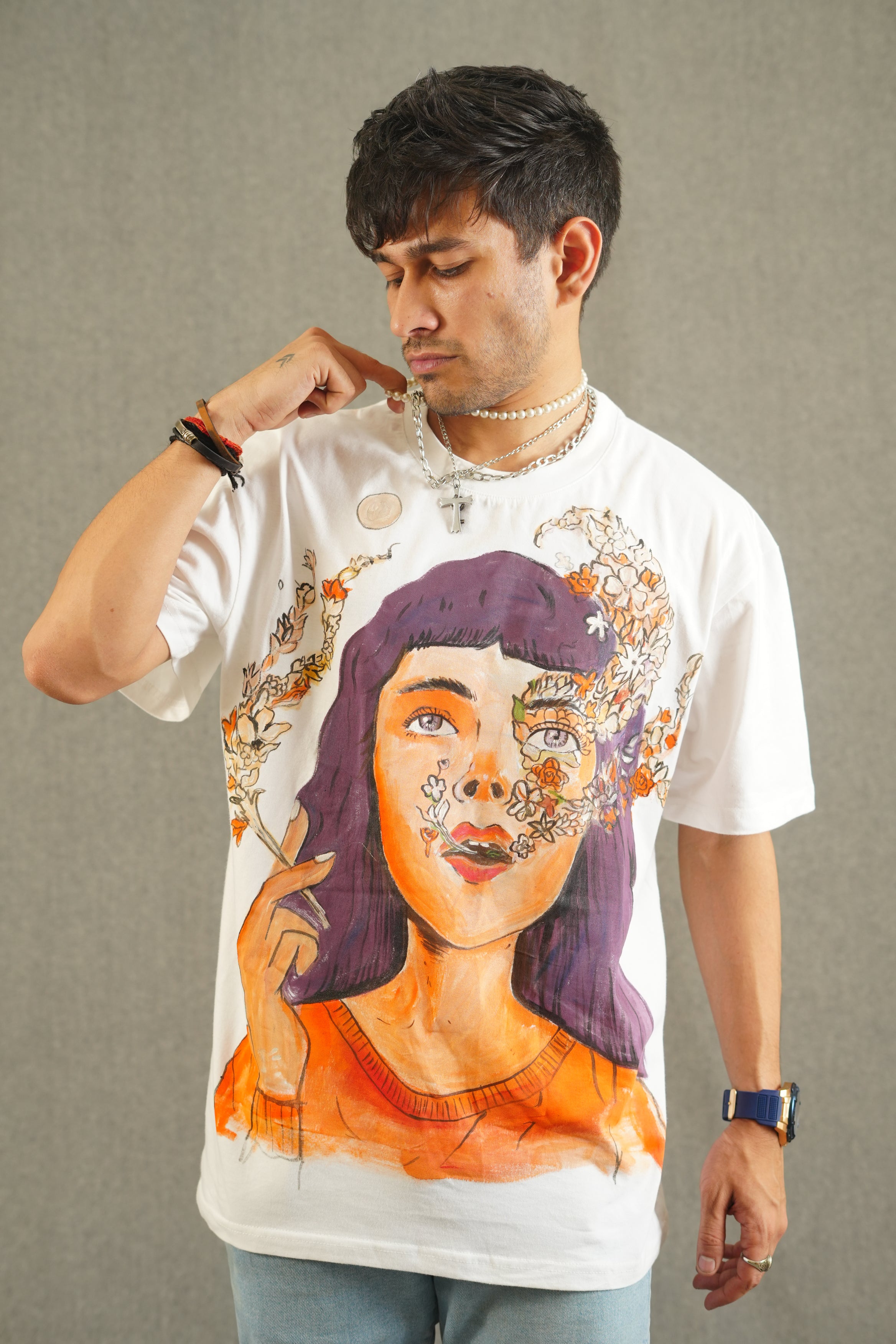 Hand Painted Girl smoking flowers white tee