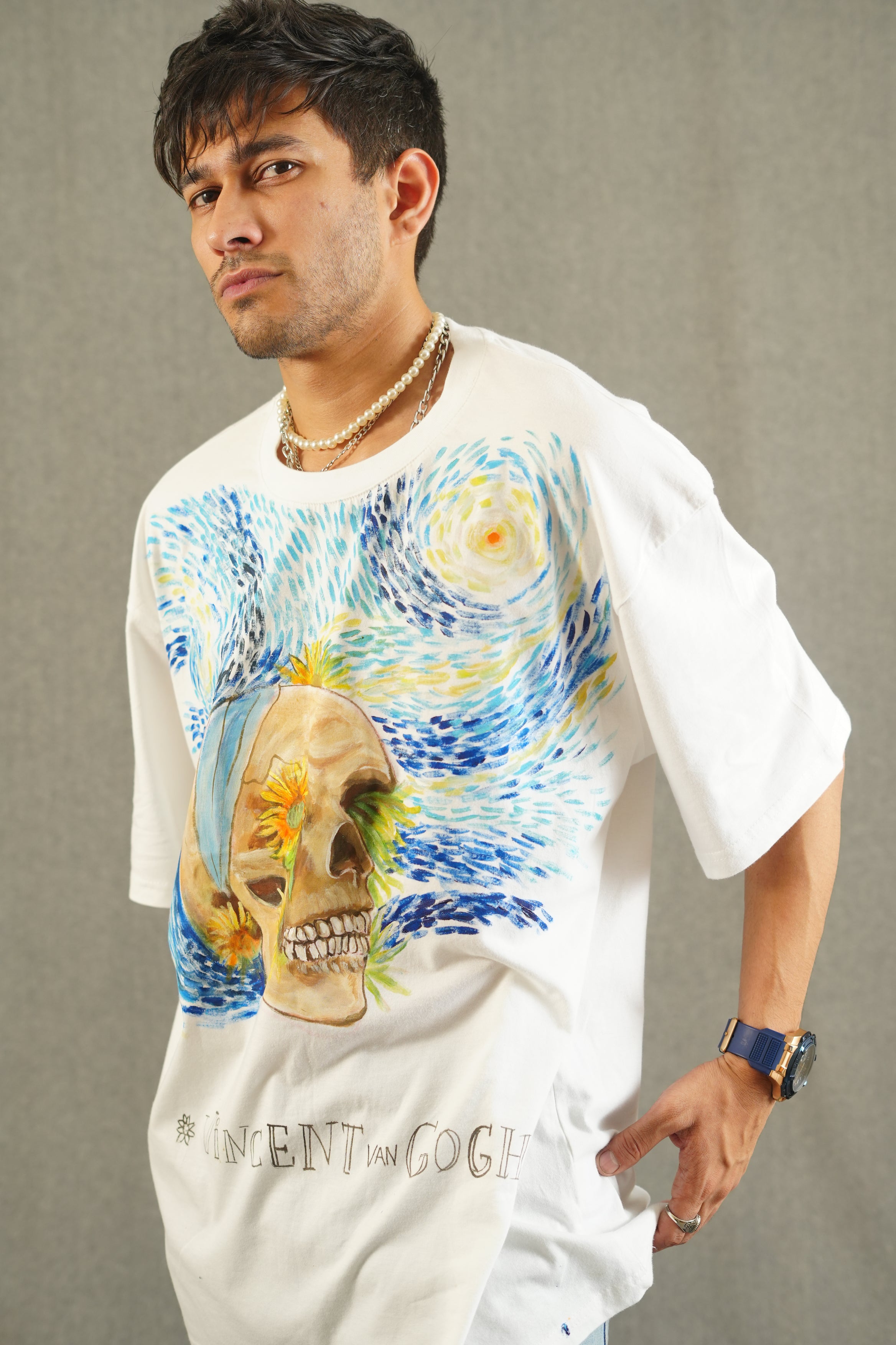 Hand Painted Starry night skull white tee