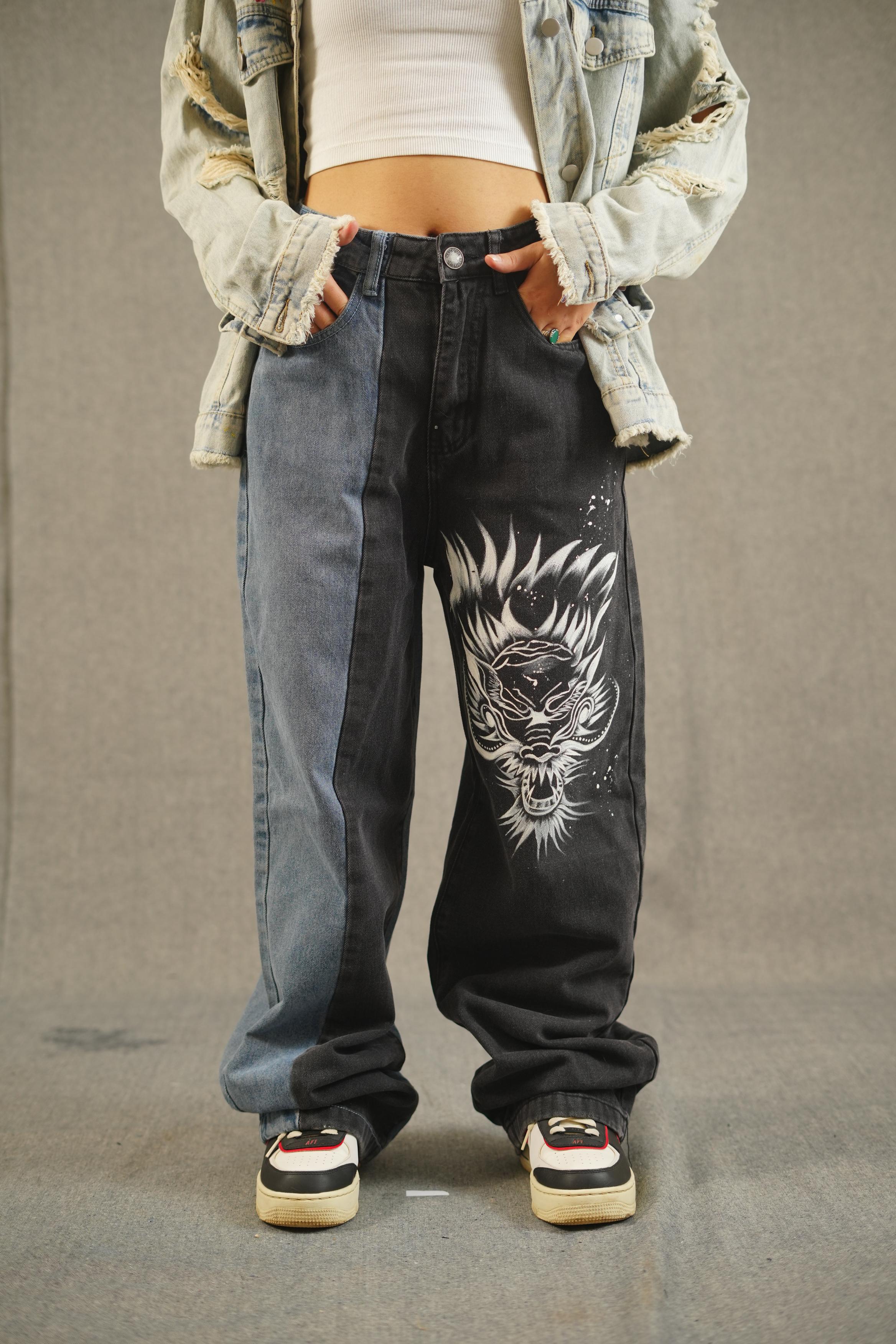 Women's Two-Color Dragon Hand Painted Jeans