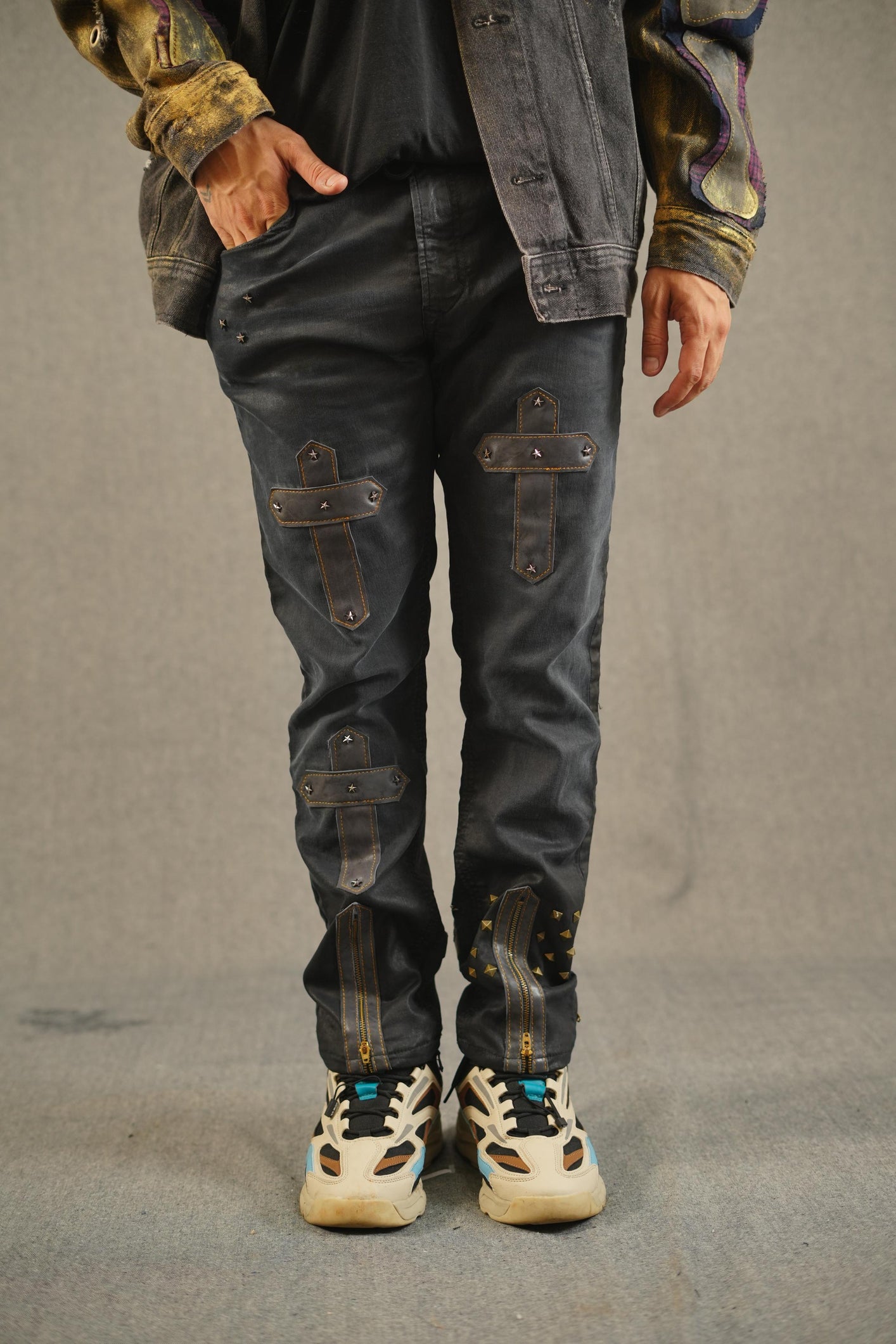 Leather Cross Patchwork Black Denim Jeans