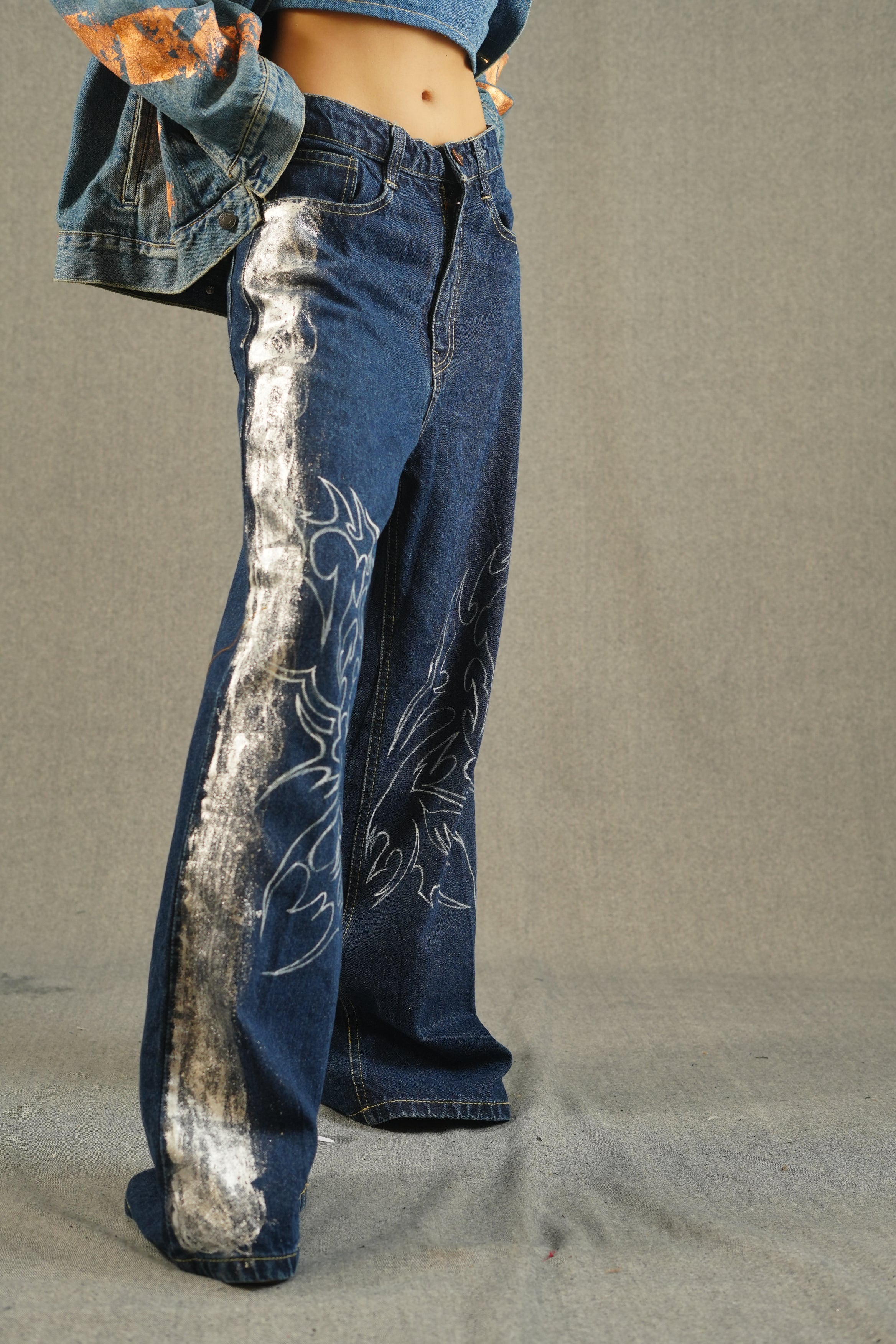 Fire Wing Metallic Blue Wide Bottom Jeans