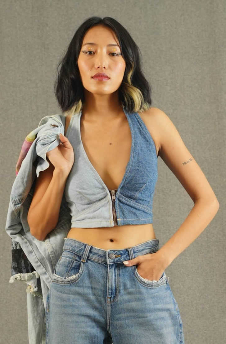 Two Tone Front Chain Denim Crop Vest