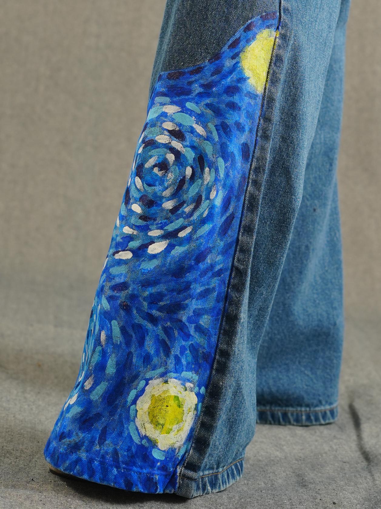 Starry Night Hand-Painted Bell Bottom Jeans